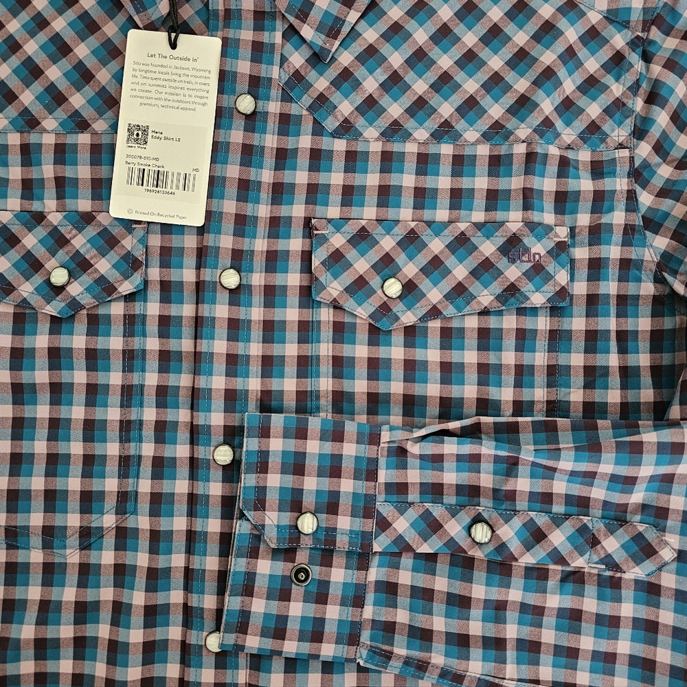 Stio Eddy Long Sleeve Shirt Mens Blue Check Hiking Outdoor Camping REI New NWT M - Picture 2 of 5